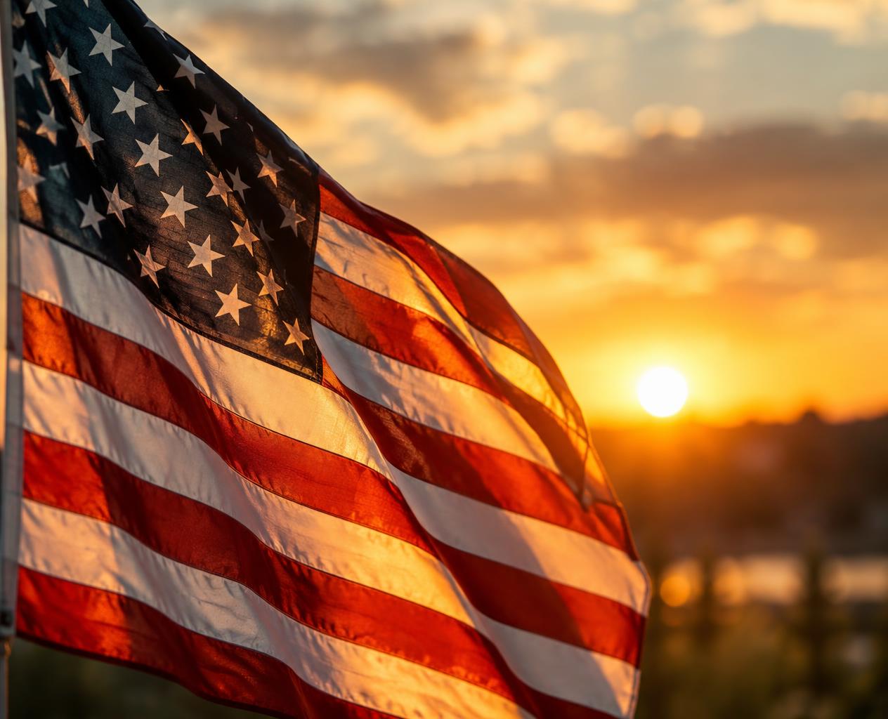 An American flag backlit by a golden sunset