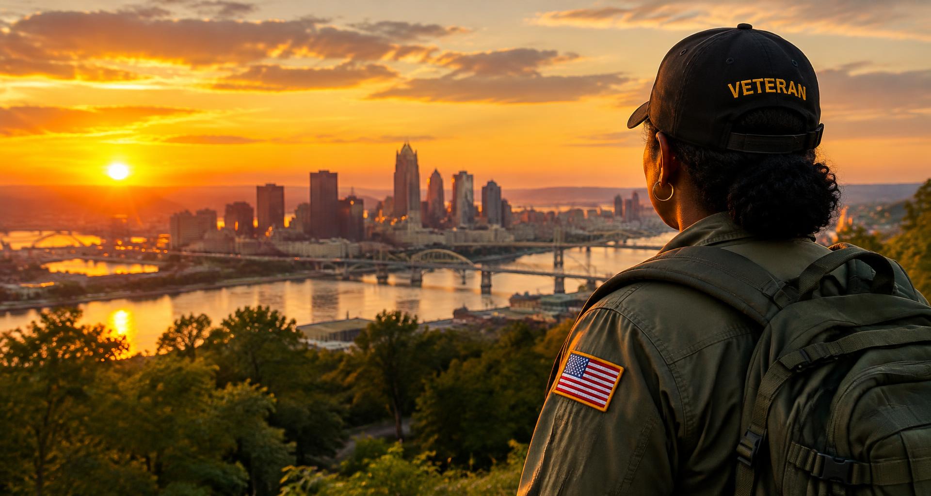 A woman veteran in a black cap looking out over a city skyline at golden sunset