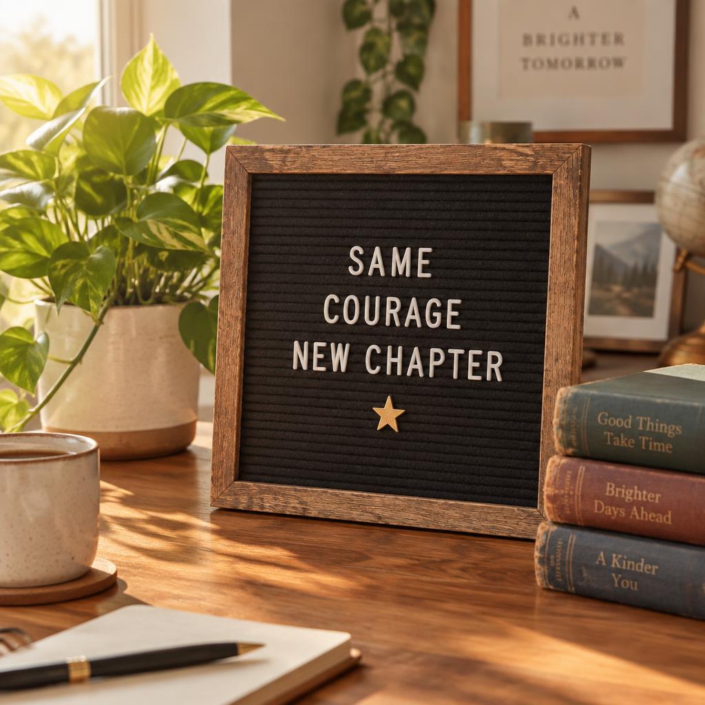 A letter board on a wooden desk reading: Same courage, new chapter